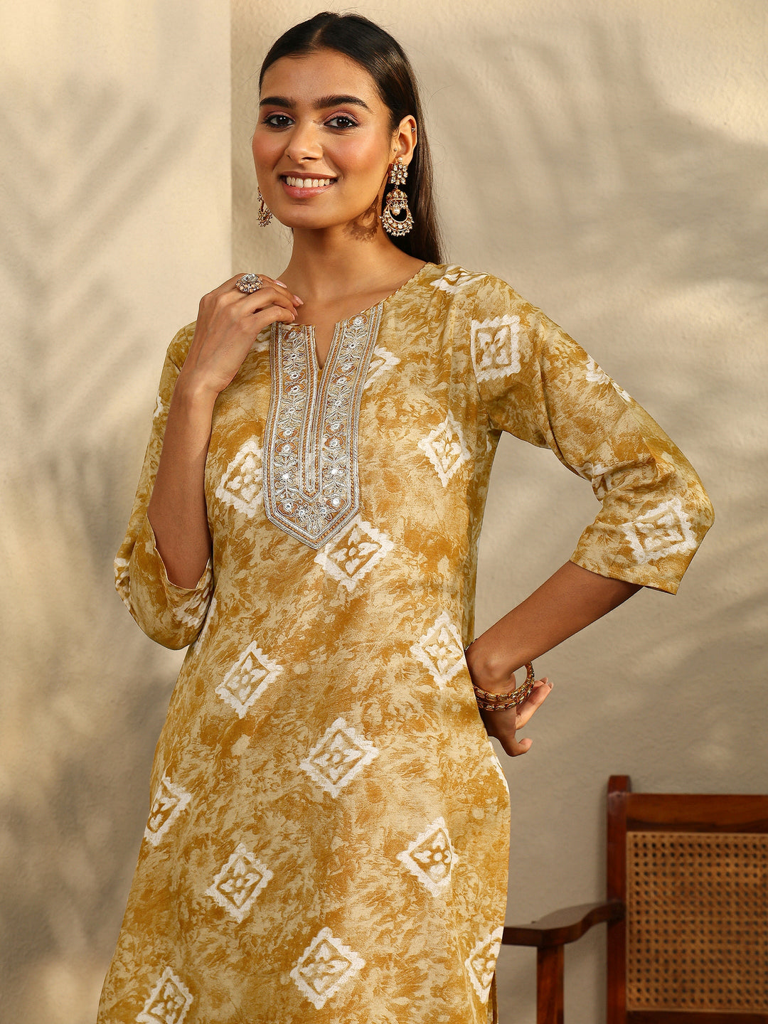  Mustard Block Printed Cotton Blend Straight Suit Set With Dupatta 