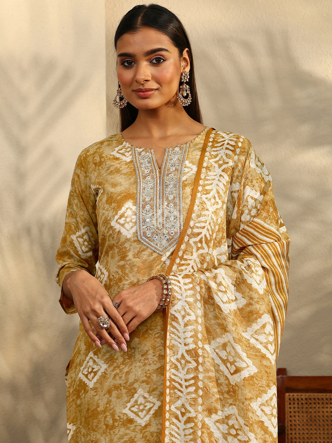  Mustard Block Printed Cotton Blend Straight Suit Set With Dupatta 