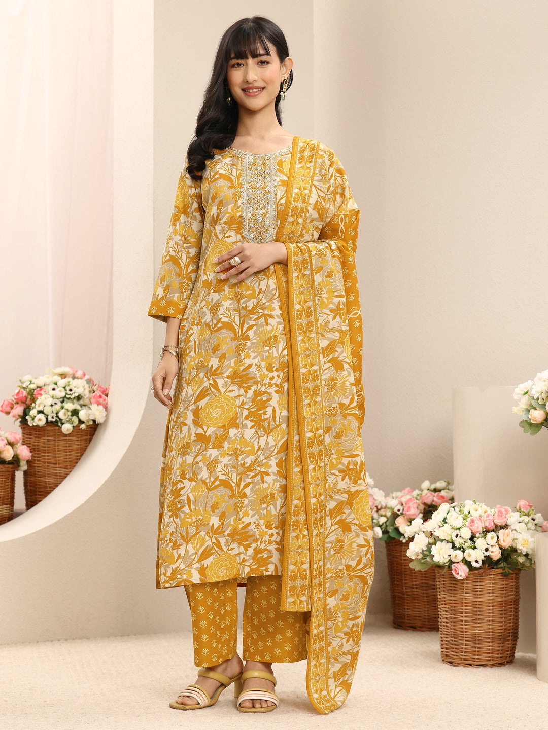  Mustard Floral Printed Cotton Blend Straight Suit Set With Dupatta 