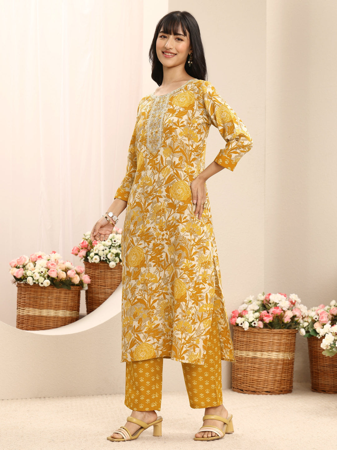  Mustard Floral Printed Cotton Blend Straight Suit Set With Dupatta 
