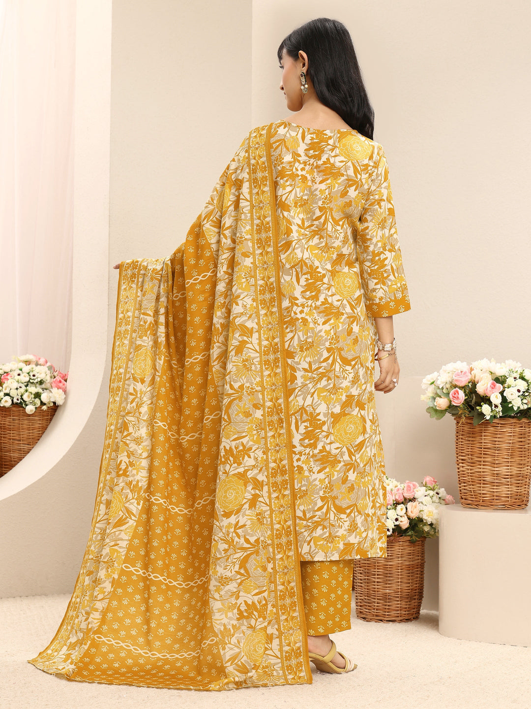  Mustard Floral Printed Cotton Blend Straight Suit Set With Dupatta 