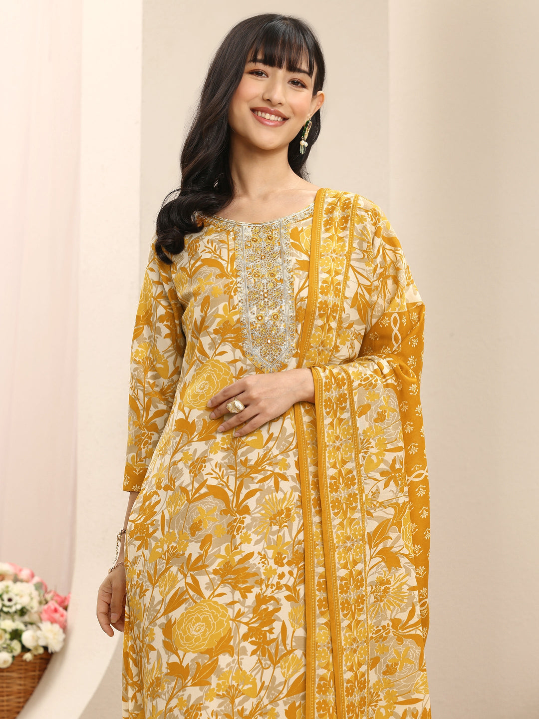  Mustard Floral Printed Cotton Blend Straight Suit Set With Dupatta 