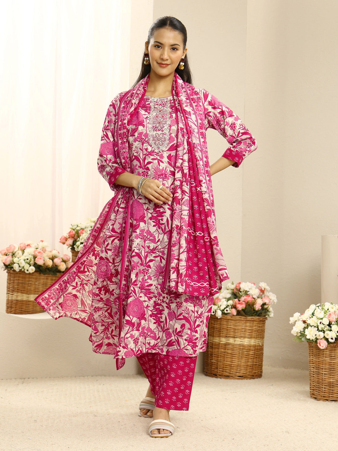  Pink Ethnic Motif Printed Cotton Blend Straight Suit Set With Dupatta 