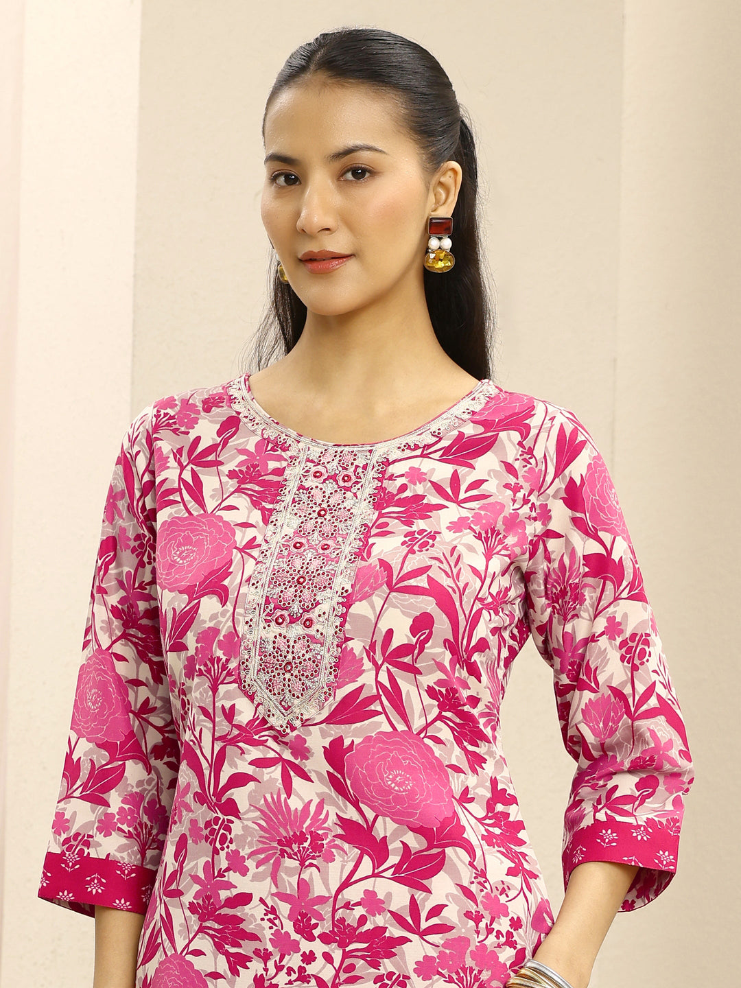  Pink Ethnic Motif Printed Cotton Blend Straight Suit Set With Dupatta 