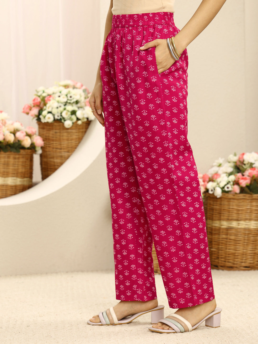  Pink Ethnic Motif Printed Cotton Blend Straight Suit Set With Dupatta 