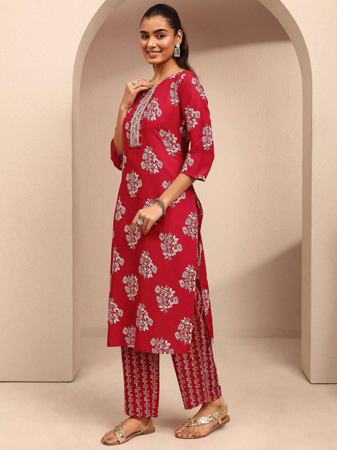  Red Printed Cotton Blend Straight Suit Set With Dupatta 