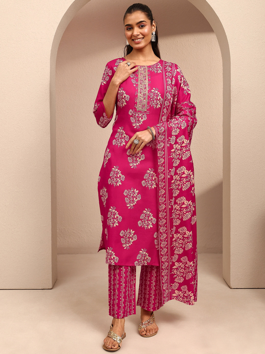  Pink Printed Cotton Blend Straight Suit Set With Dupatta 