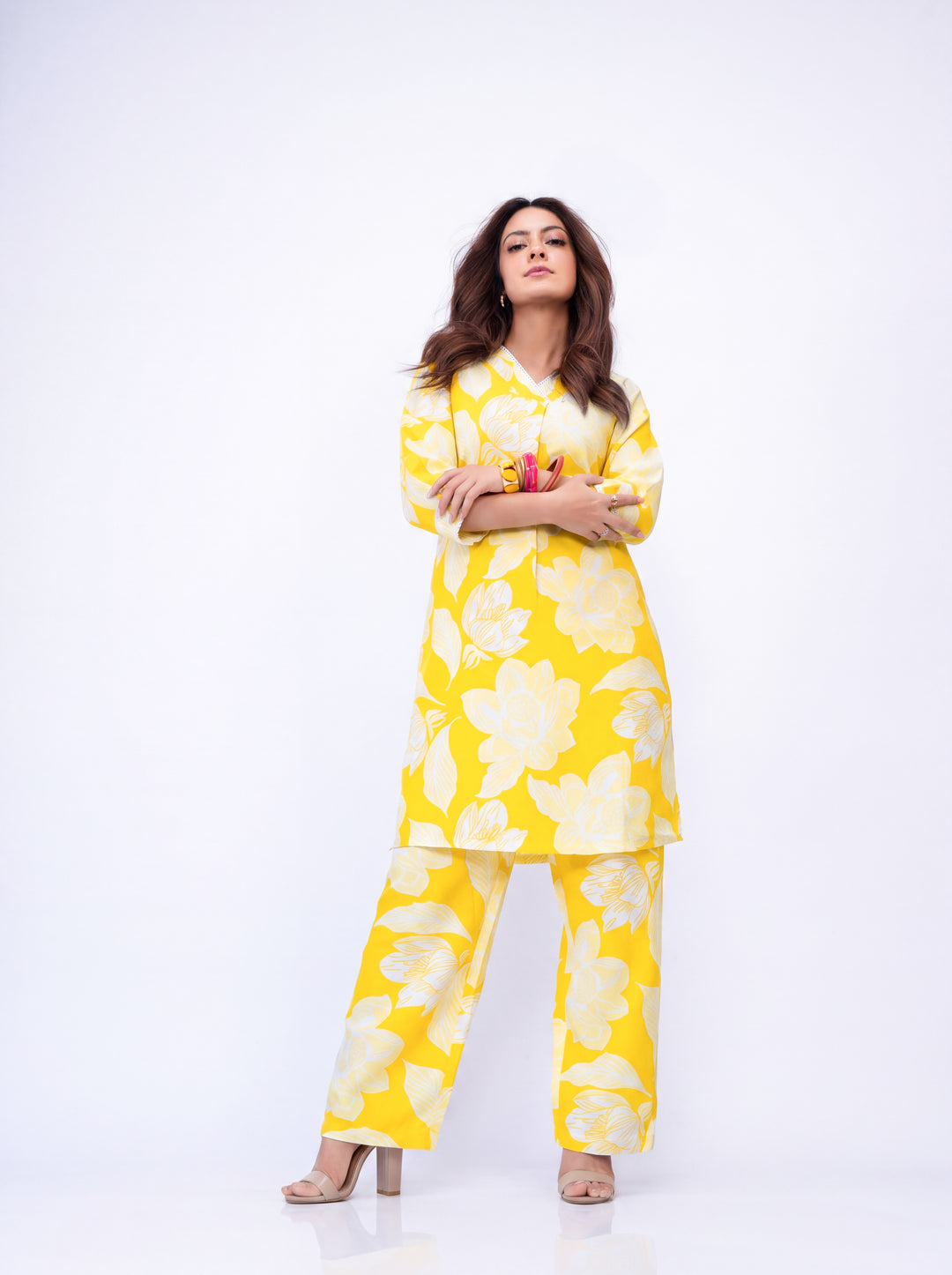  Yellow Printed Cotton Blend Co-Ord Set 