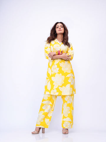Yellow Printed Cotton Blend Co-Ord Set