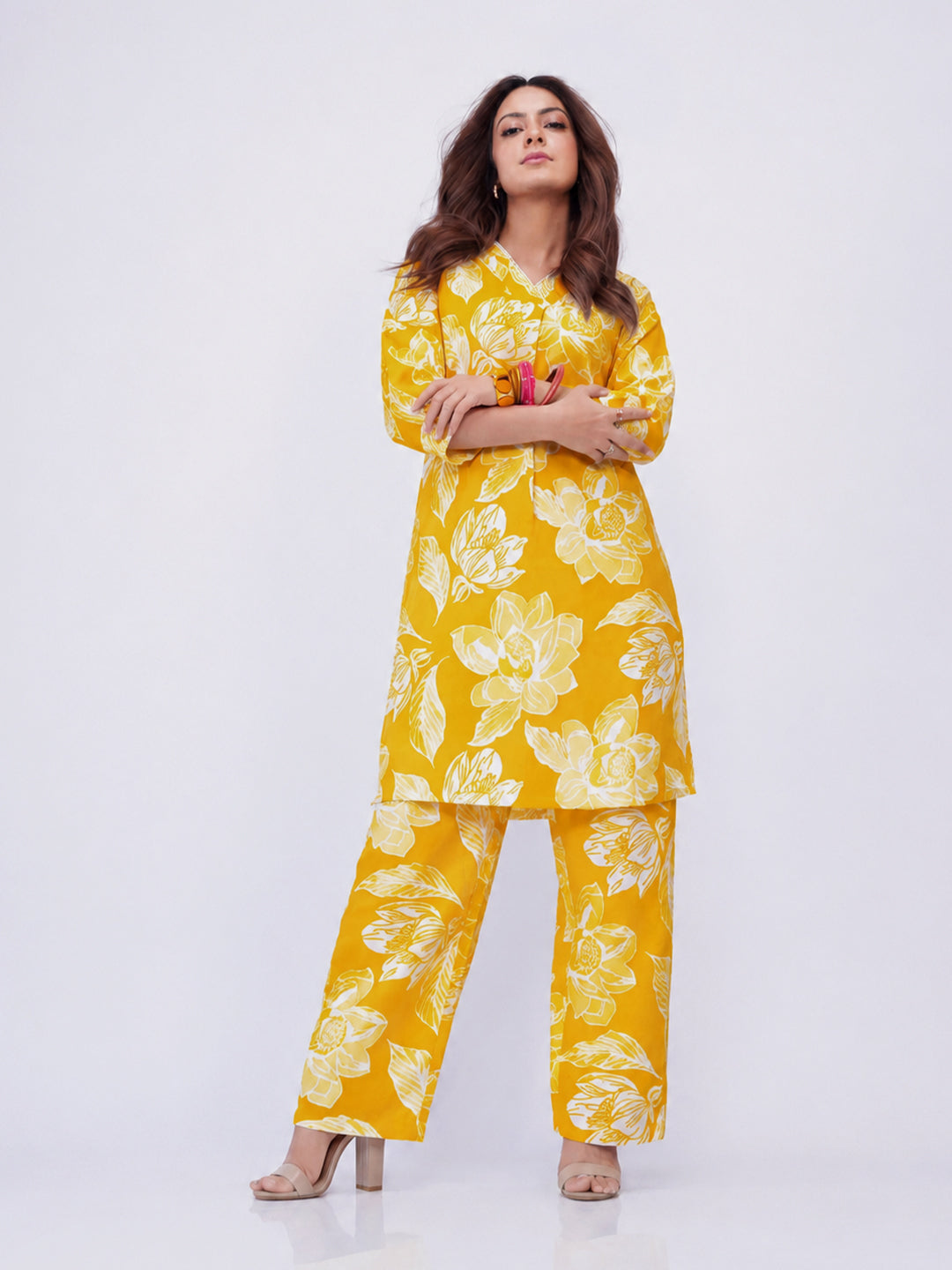  Yellow Printed Cotton Blend Co-Ord Set 