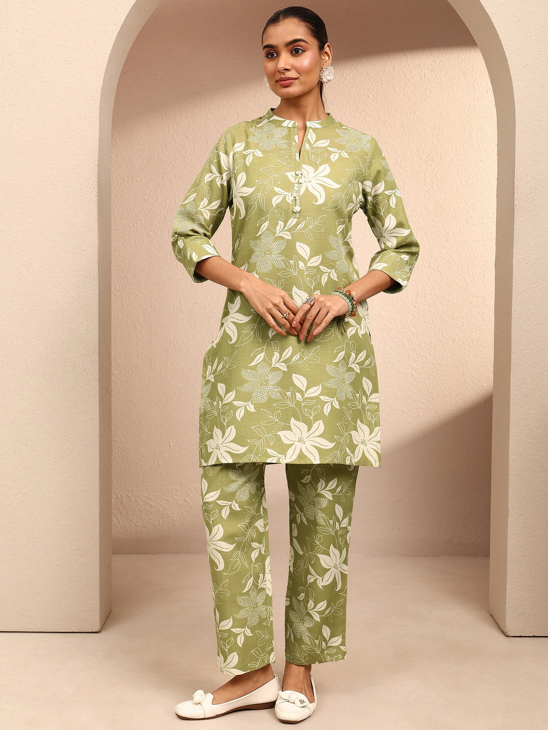  Green Printed Cotton Blend Co-Ord Set 