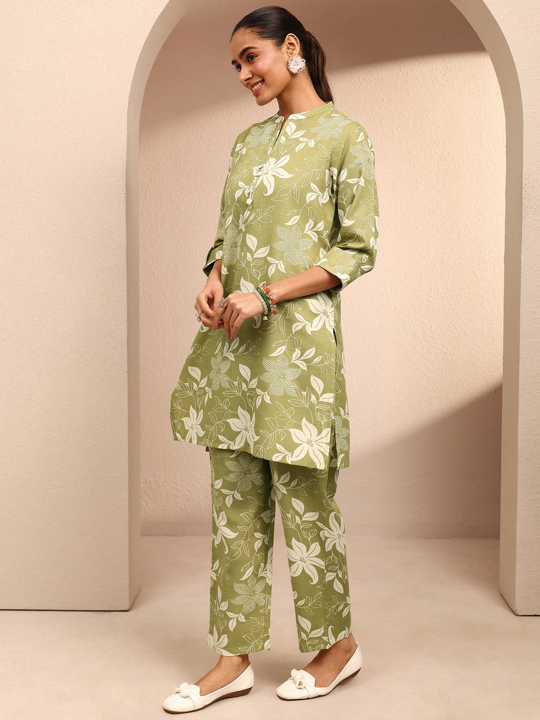  Green Printed Cotton Blend Co-Ord Set 