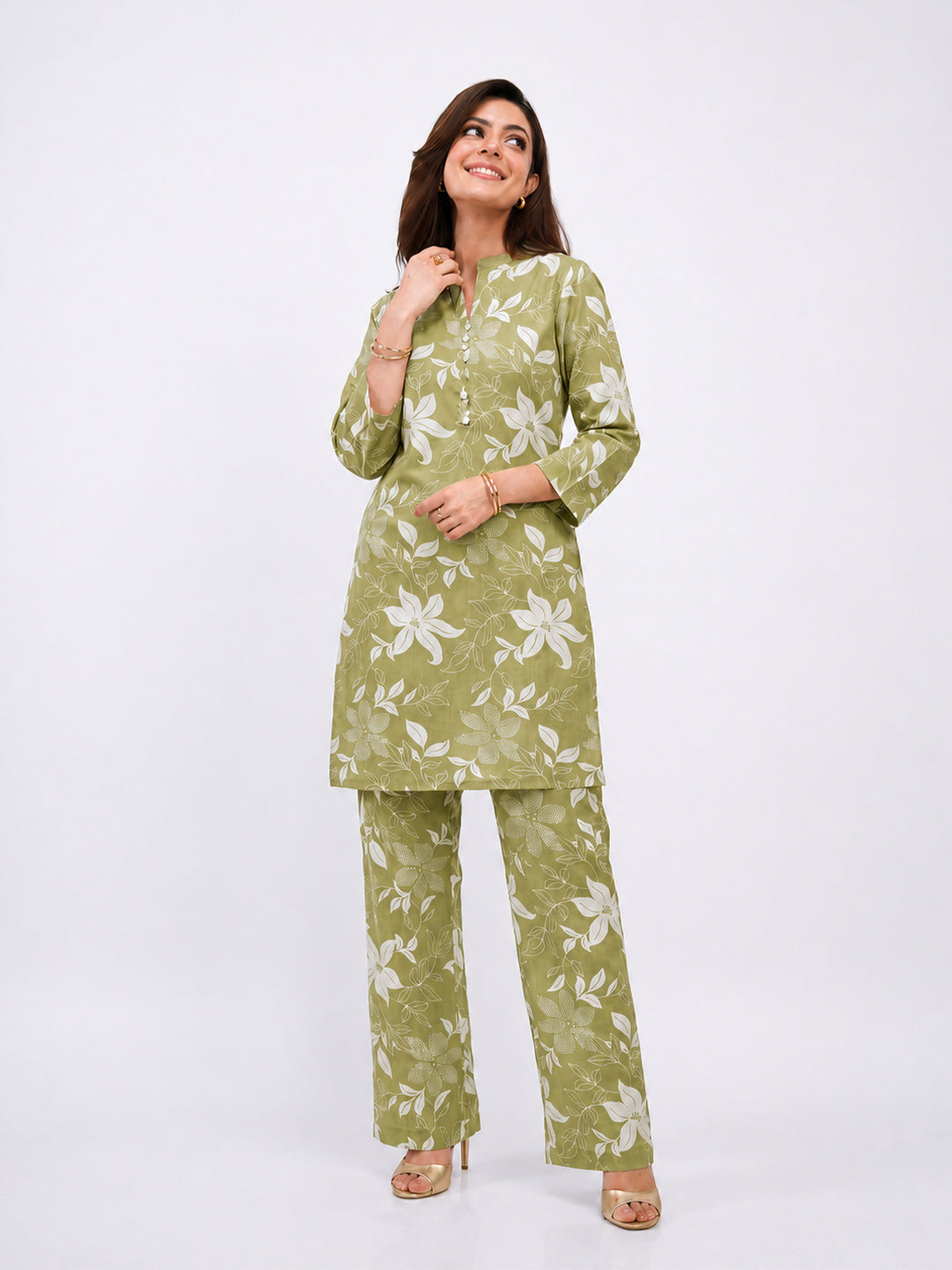  Gerua Green Printed Cotton Blend Co-Ord Set 