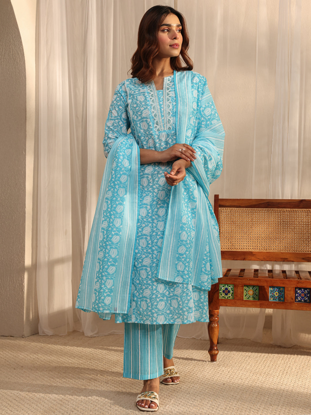  Blue Floral Printed Cotton A-Line Suit Set With Dupatta 