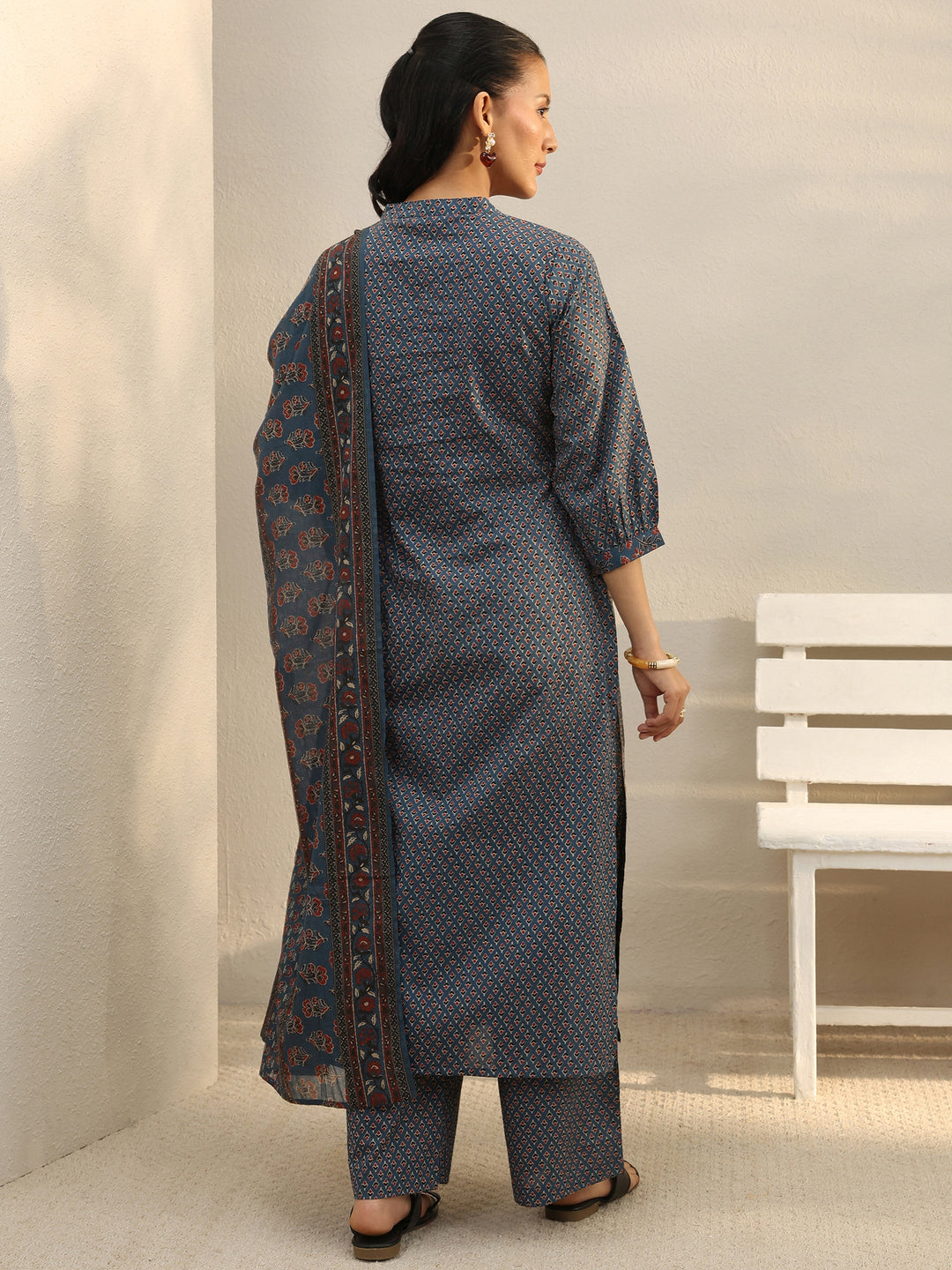  Indigo Floral Printed Cotton Straight Suit Set 