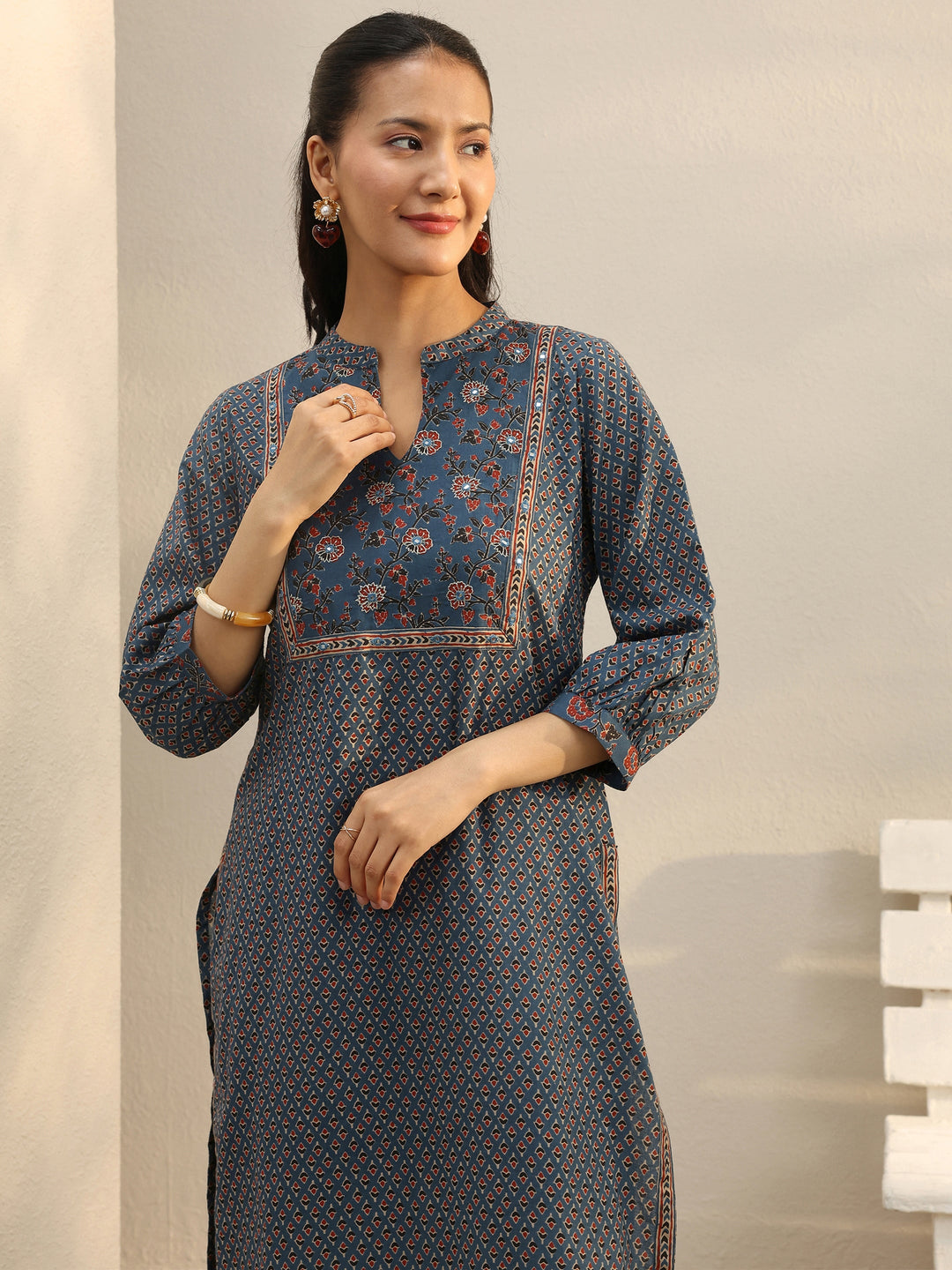  Indigo Floral Printed Cotton Straight Suit Set 