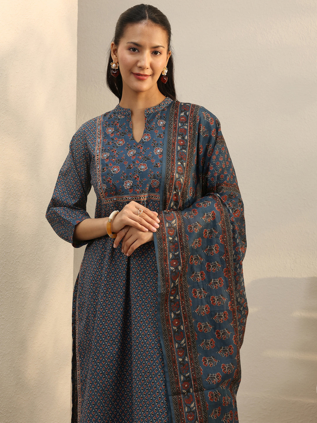  Indigo Floral Printed Cotton Straight Suit Set 