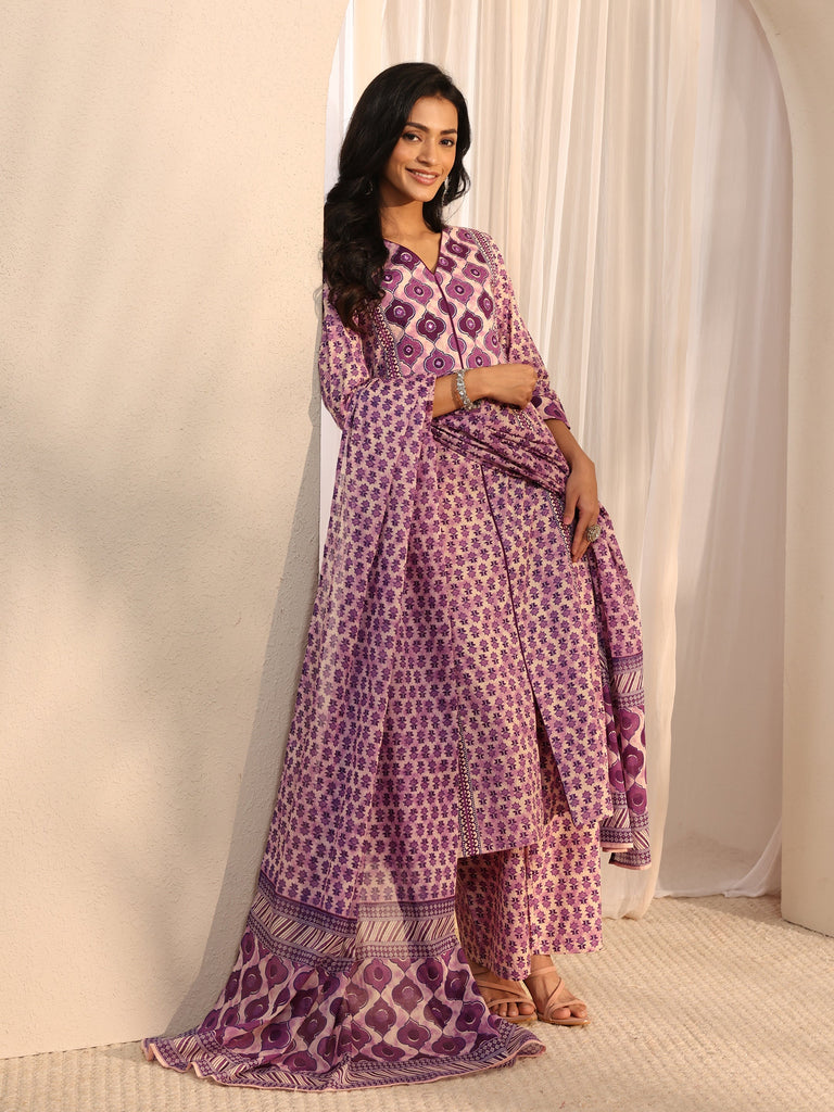 Libas Lavender Multi Printed Cotton Straight Suit Set With Dupatta