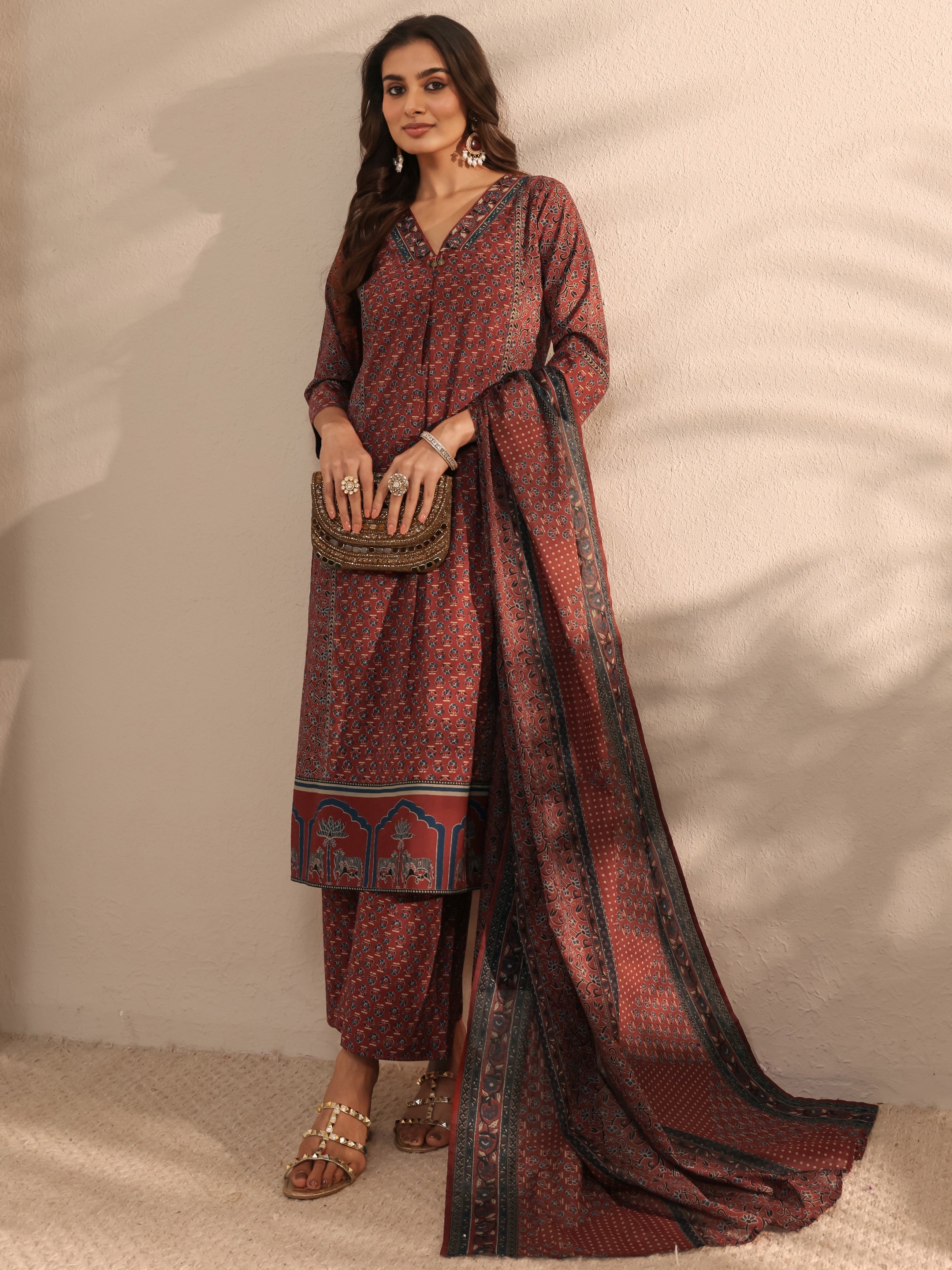 libas Maroon Ajrakh Printed Cotton A-Line Suit Set With Dupatta-picture-17