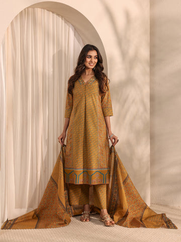 Mustard Ajrakh Printed Cotton A-Line Suit Set With Dupatta