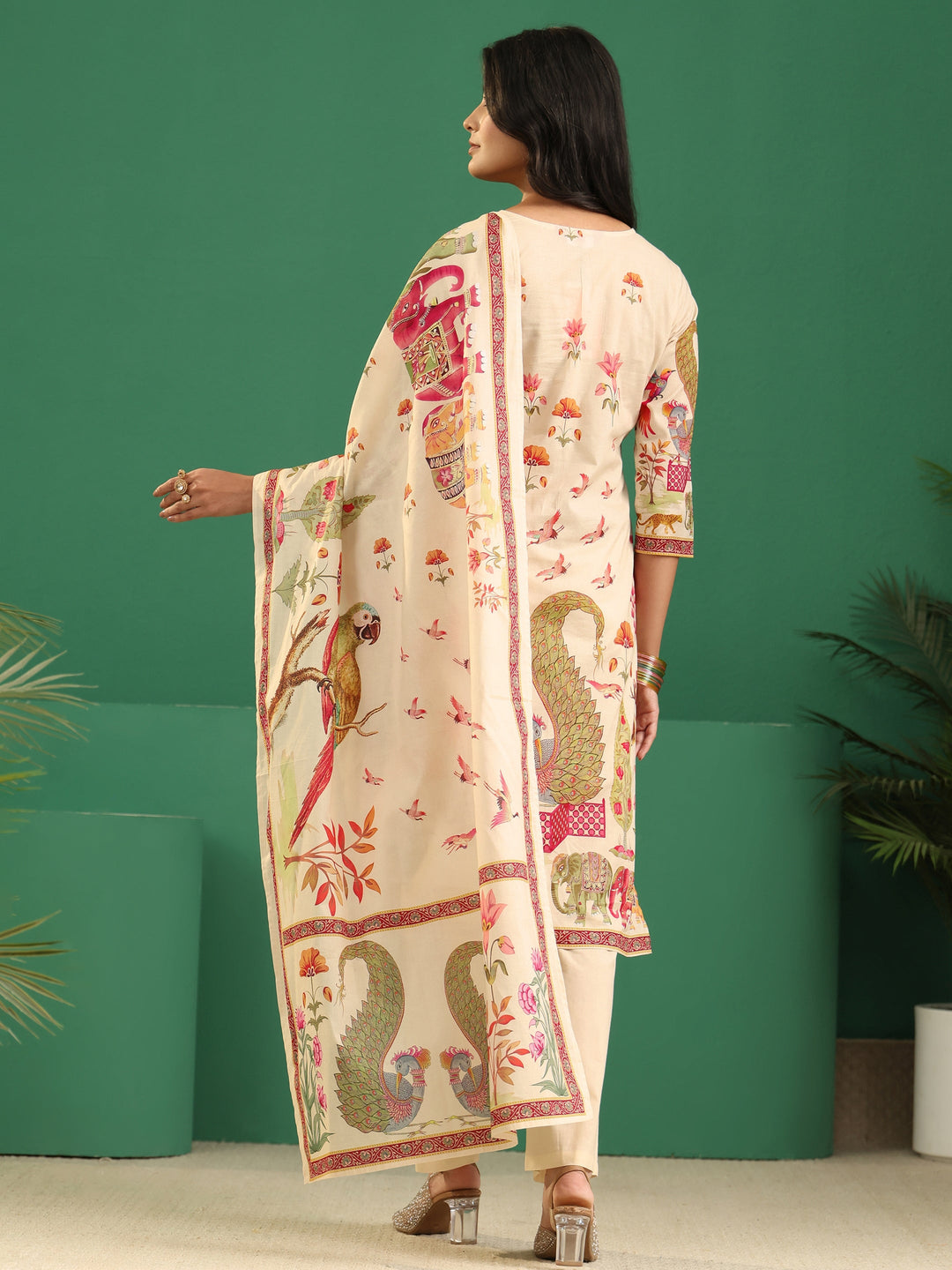  Libas Cream Heritage Print Cotton Straight Suit Set 