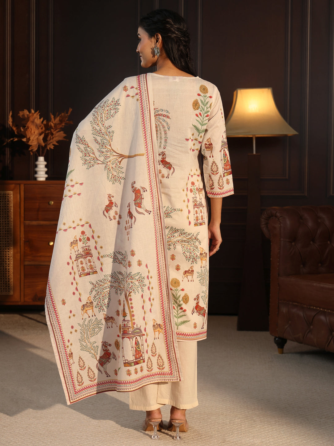  Libas Cream Pichwai Print Cotton Straight Suit Set 
