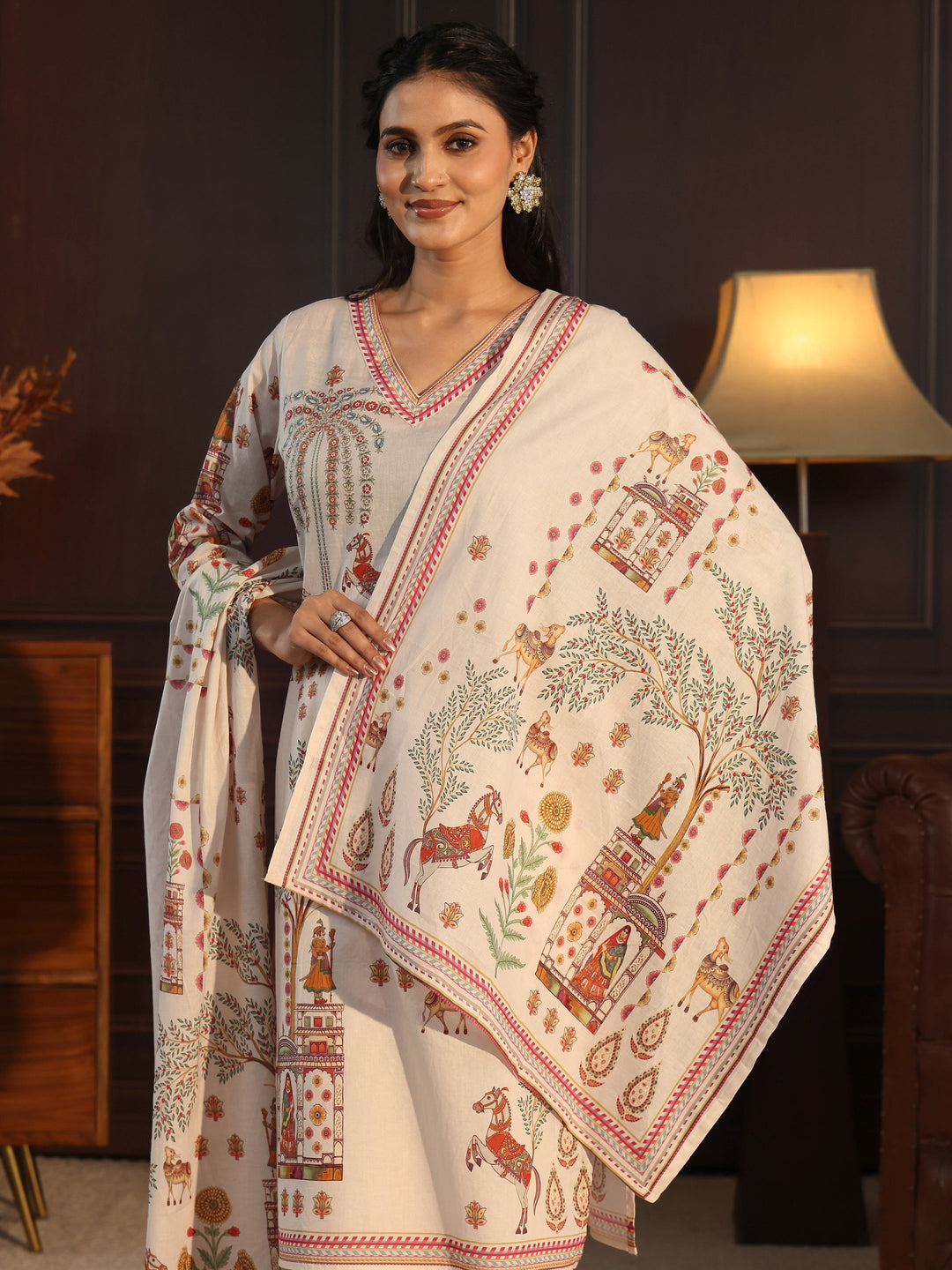  Libas Cream Pichwai Print Cotton Straight Suit Set 
