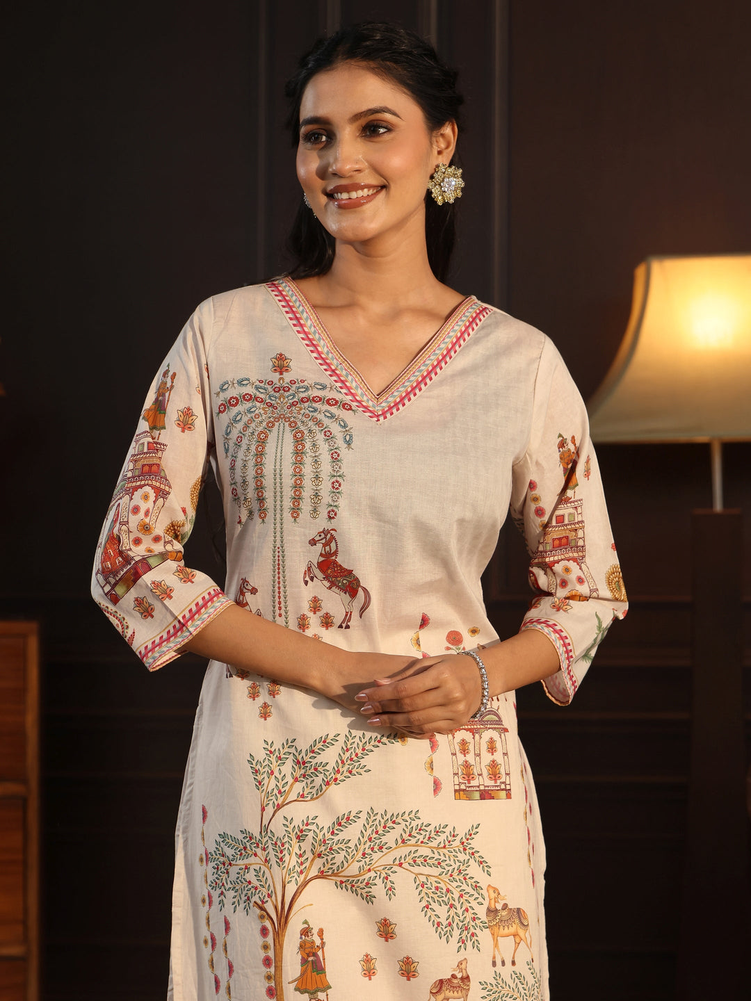  Libas Cream Pichwai Print Cotton Straight Suit Set 