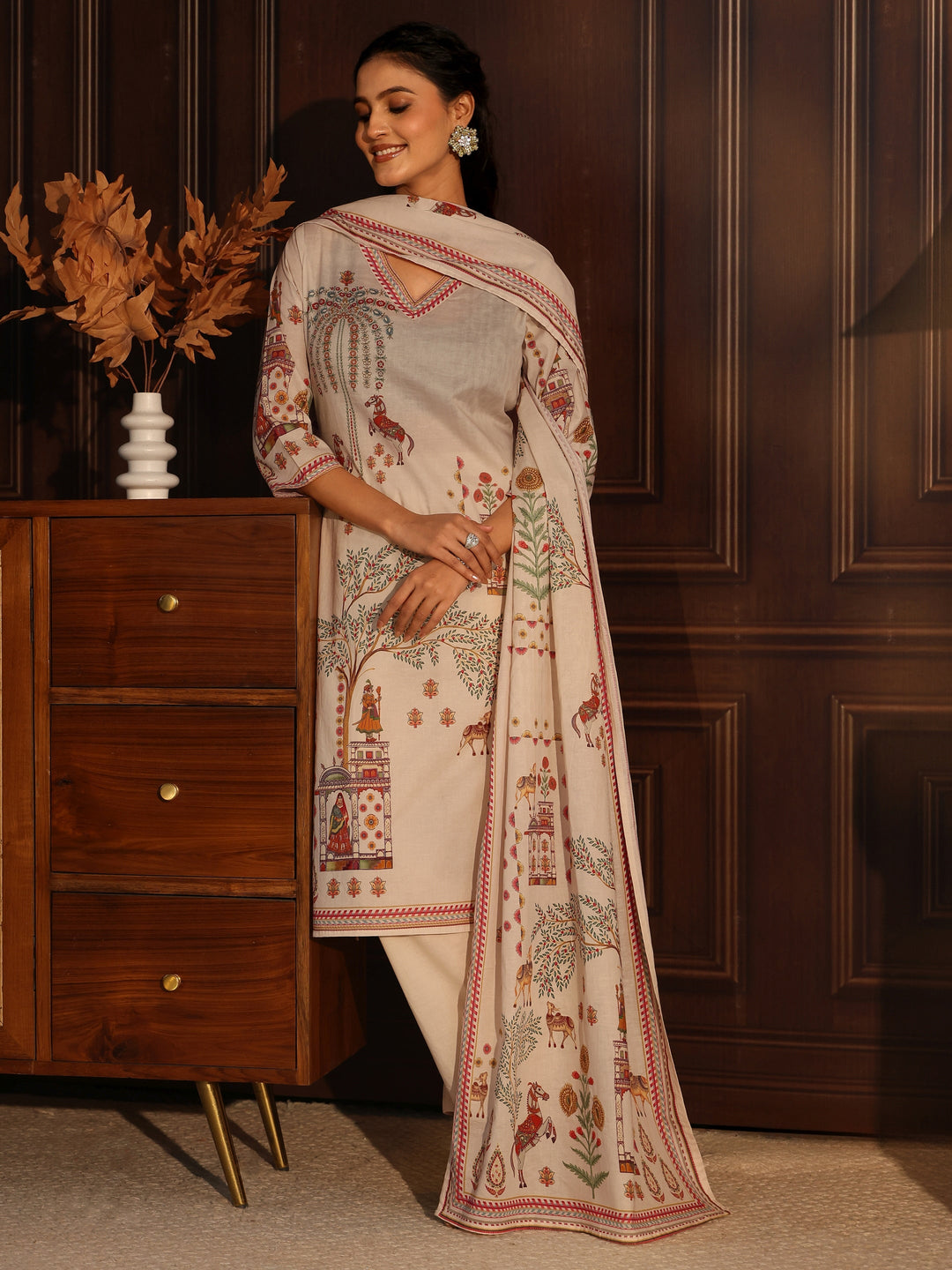  Libas Cream Pichwai Print Cotton Straight Suit Set 
