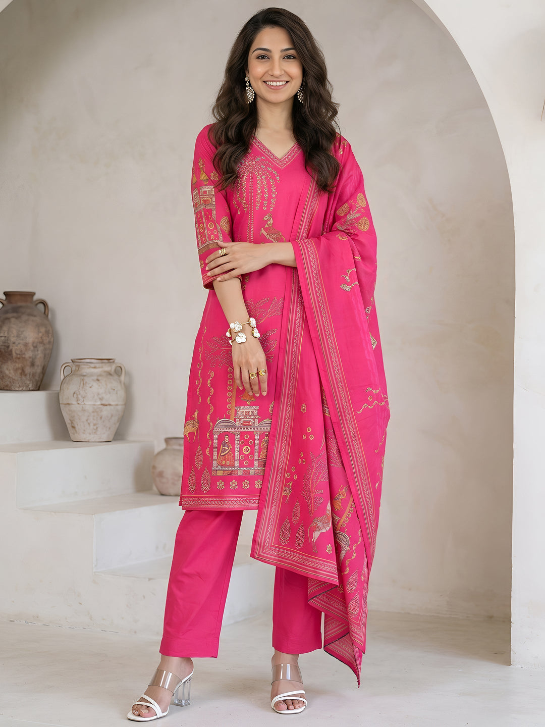  Libas Fuchsia Pink Tribal Printed Cotton Straight Suit Set 