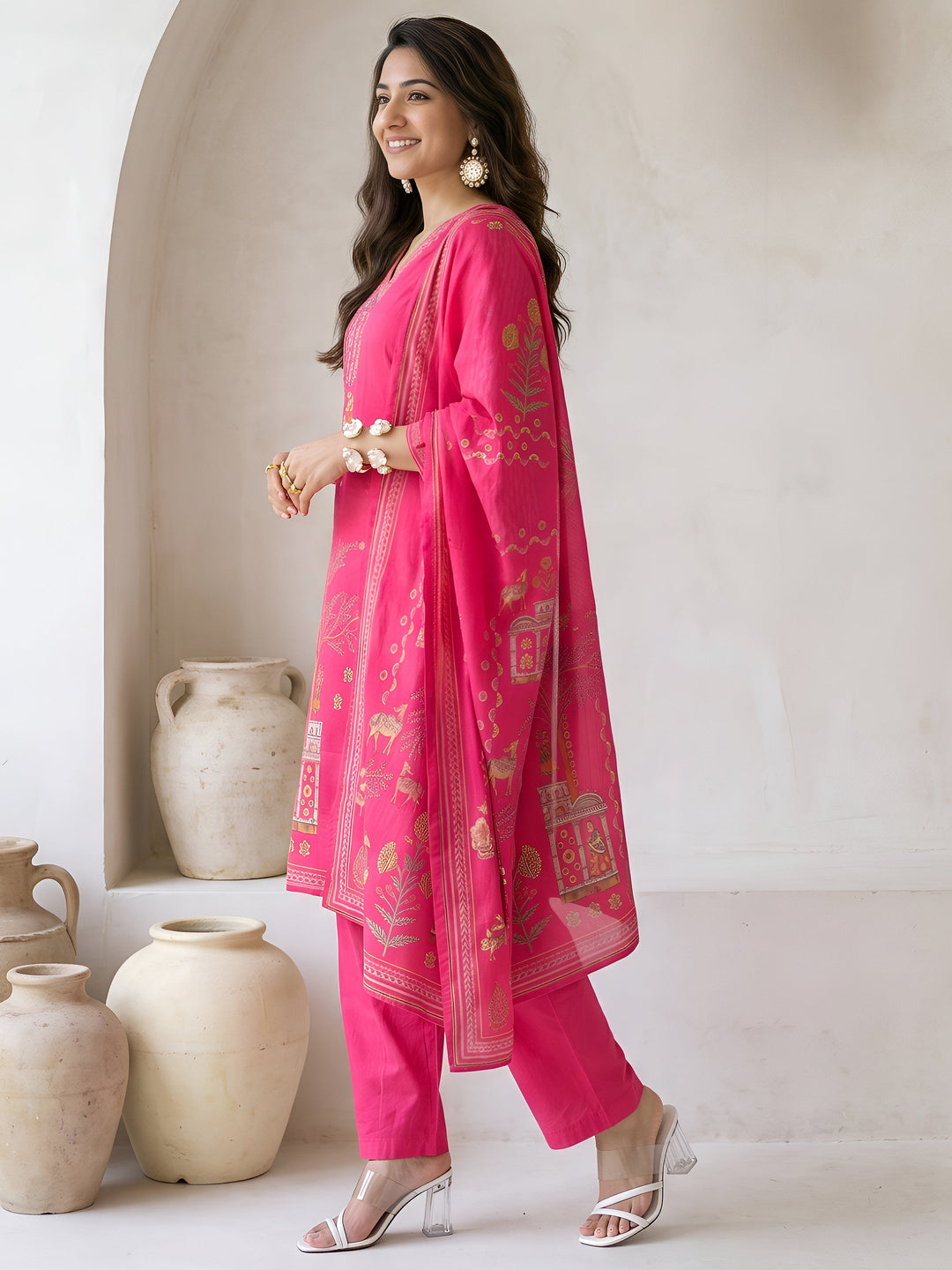  Libas Fuchsia Pink Tribal Printed Cotton Straight Suit Set 