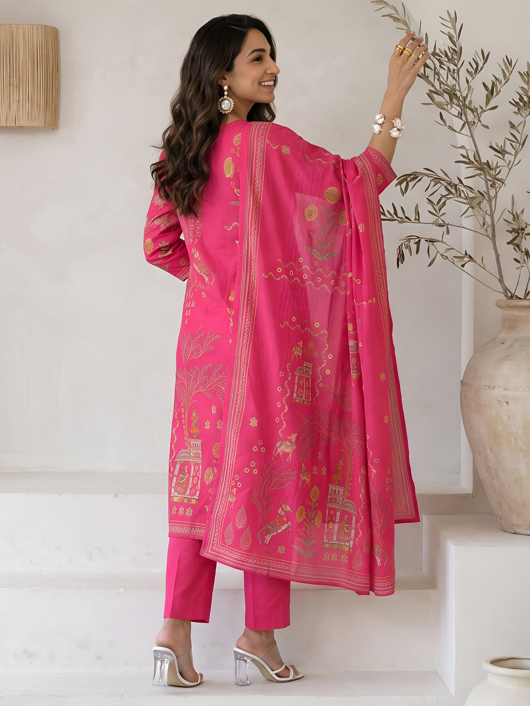  Libas Fuchsia Pink Tribal Printed Cotton Straight Suit Set 