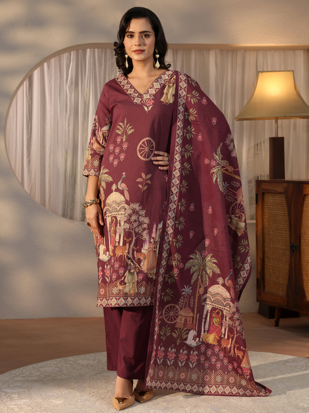  Libas Maroon Pichwai Print Cotton Straight Suit Set 