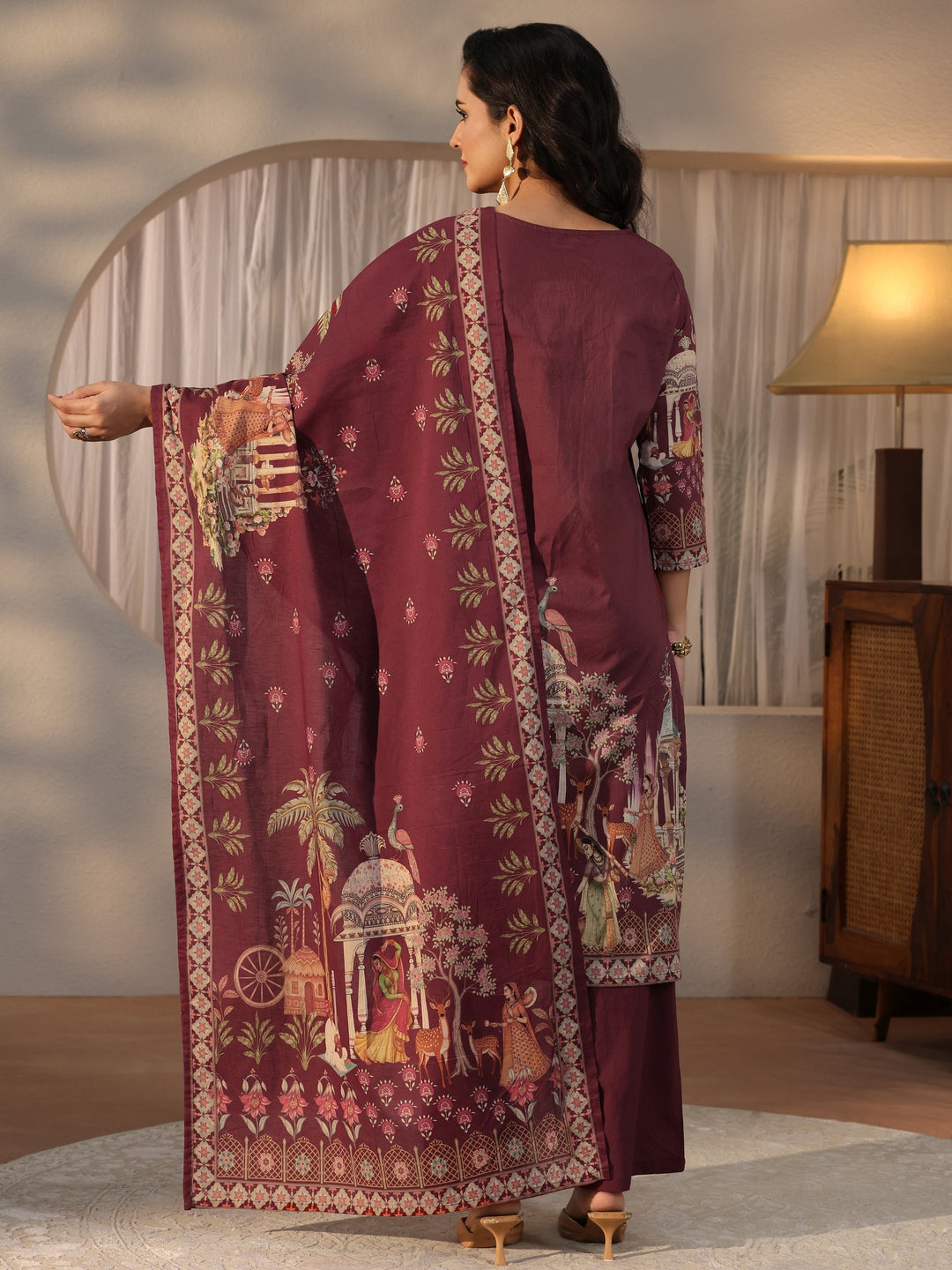  Libas Maroon Pichwai Print Cotton Straight Suit Set 