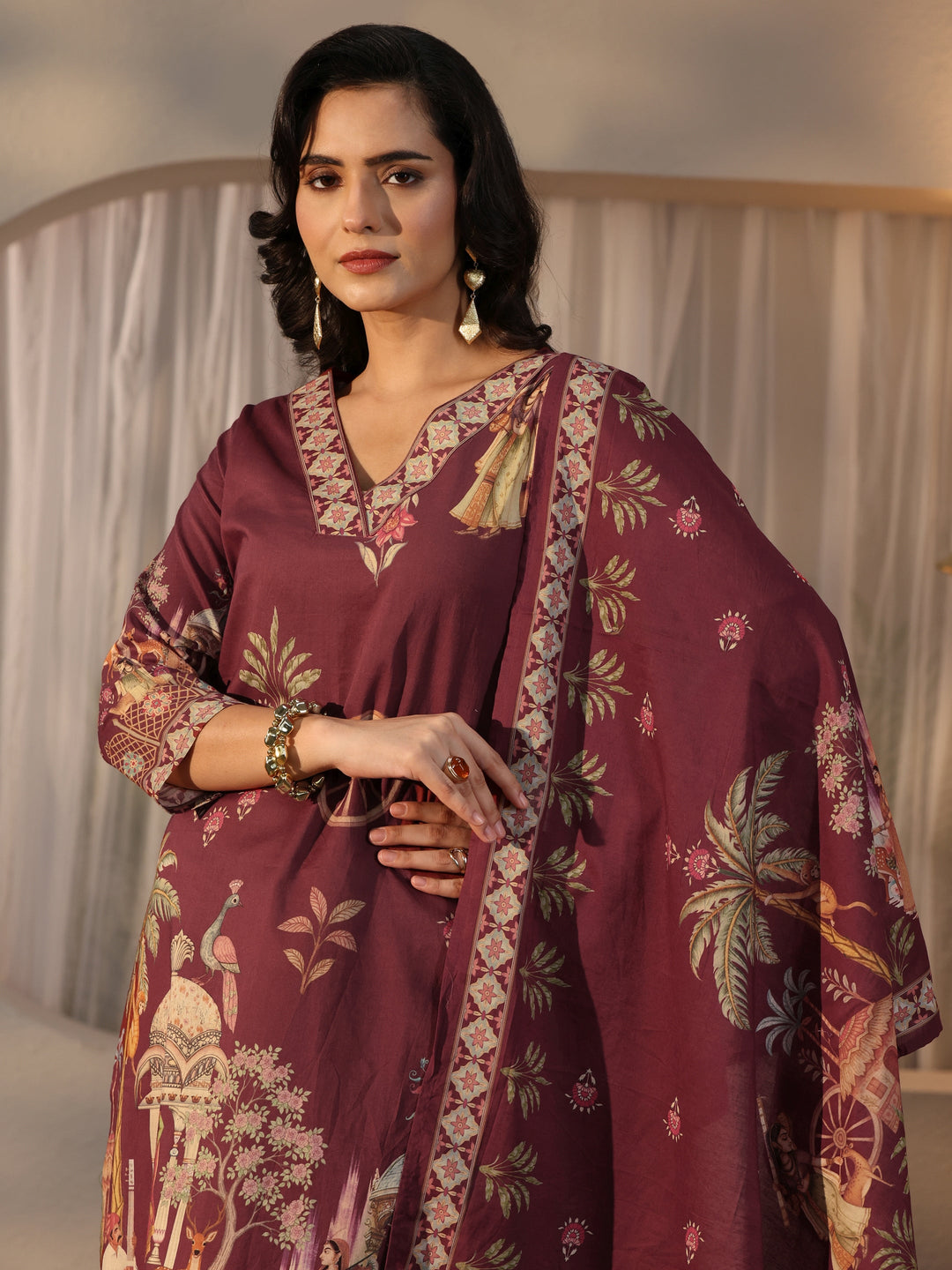  Libas Maroon Pichwai Print Cotton Straight Suit Set 