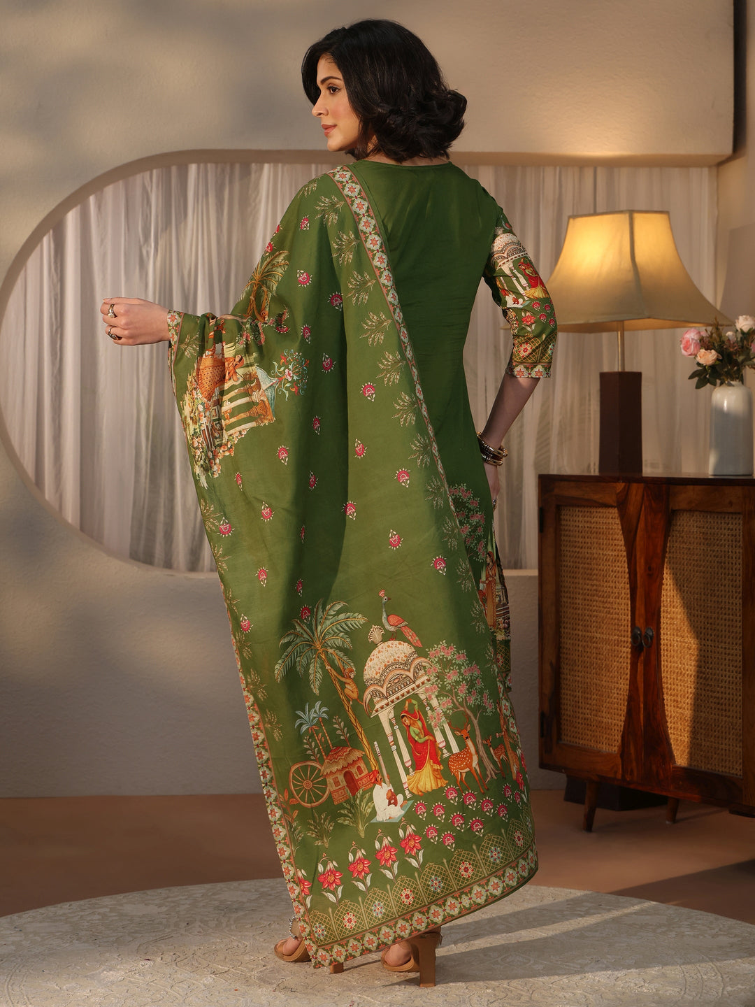  Libas Green Tribal Printed Cotton Straight Suit Set 
