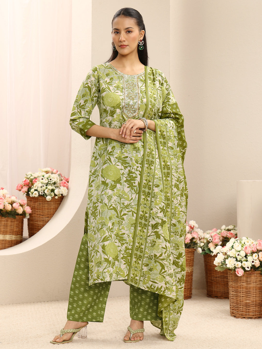  Green Floral Printed Cotton Blend Straight Suit Set With Dupatta 