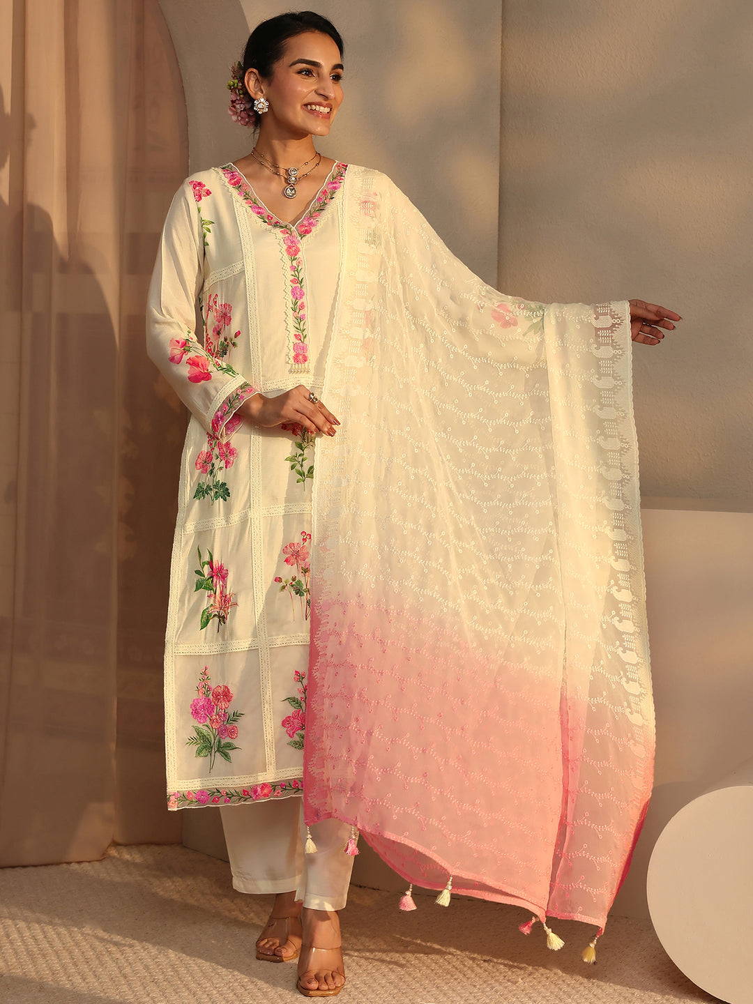  Libas Art Cream Floral Printed Silk Blend Straight Suit Set With Dupatta 