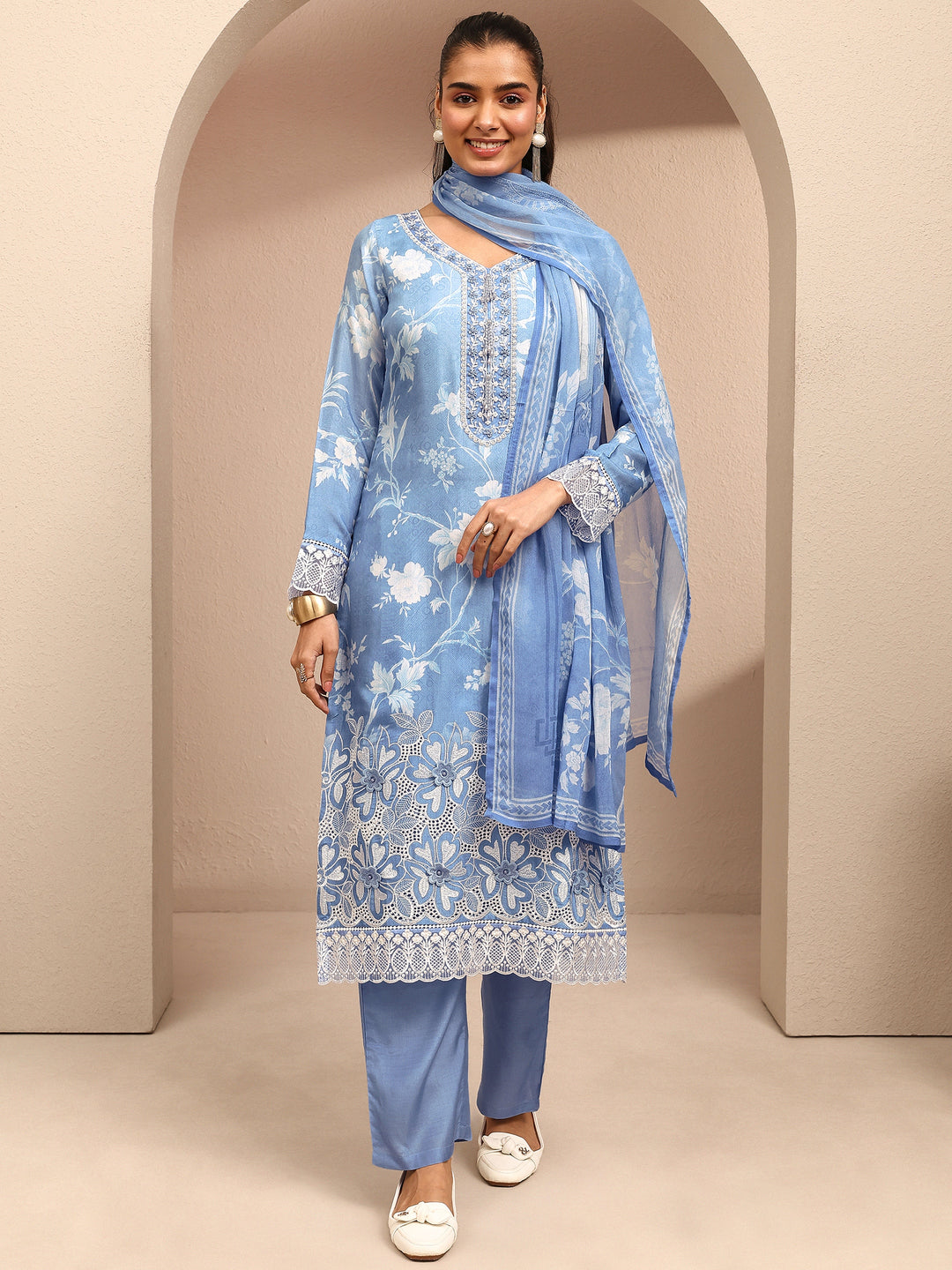  Libas Art Blue Printed Silk Blend Straight Suit Set With Dupatta 