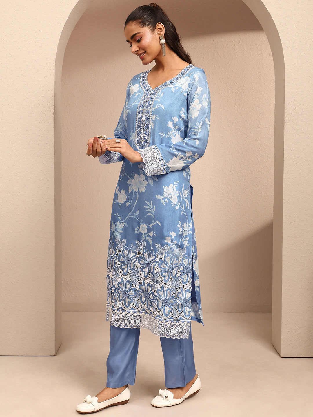  Libas Art Blue Printed Silk Blend Straight Suit Set With Dupatta 