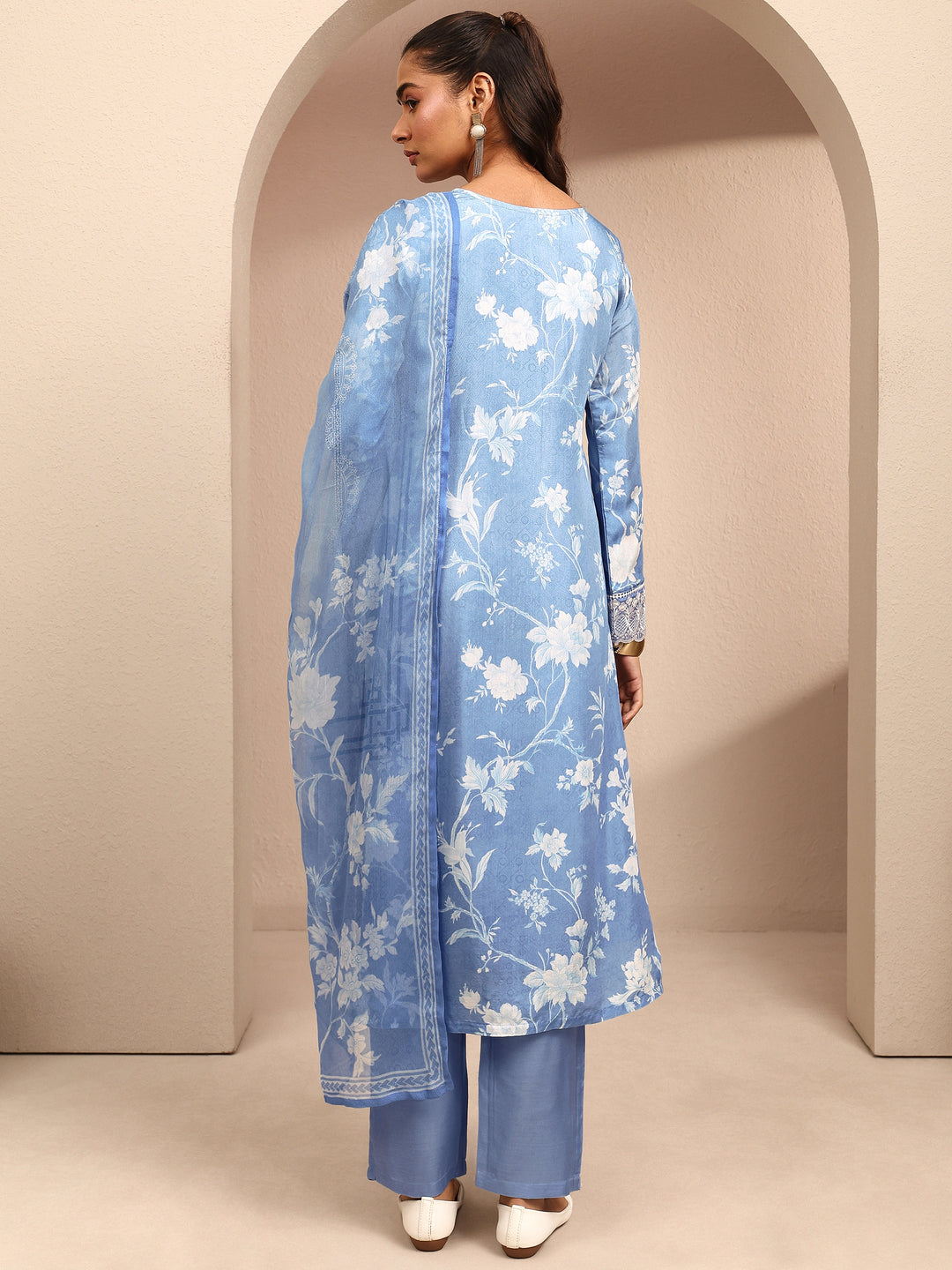  Libas Art Blue Printed Silk Blend Straight Suit Set With Dupatta 