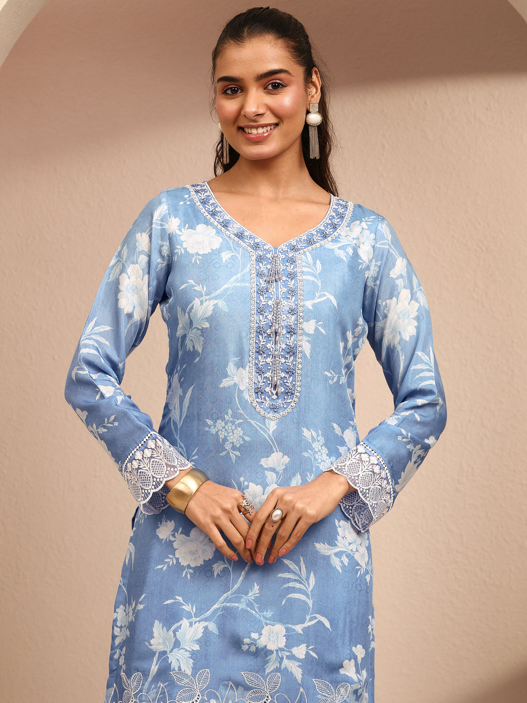  Libas Art Blue Printed Silk Blend Straight Suit Set With Dupatta 