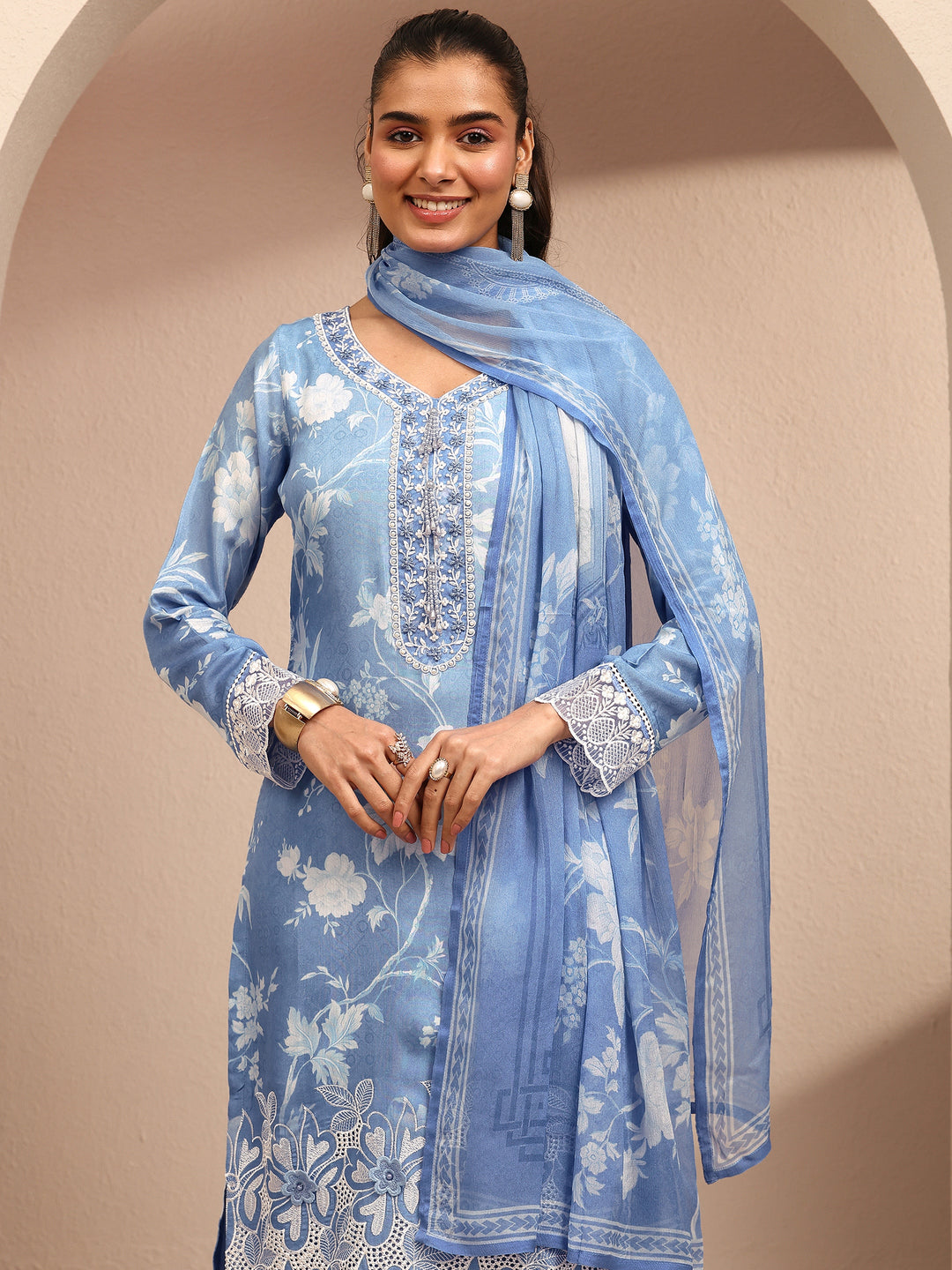  Libas Art Blue Printed Silk Blend Straight Suit Set With Dupatta 