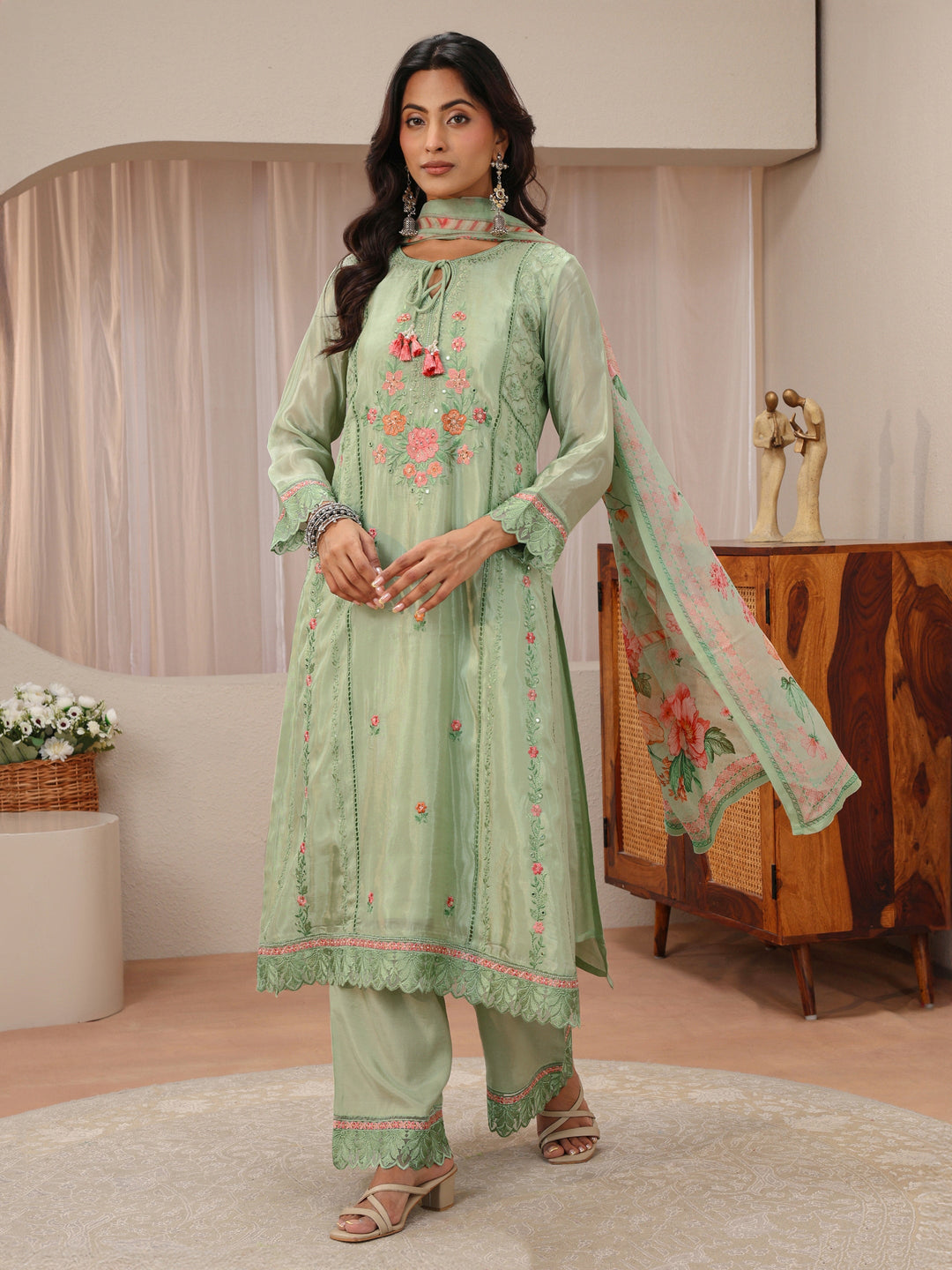  Libas Art Green Floral Embroidered Organza Straight Suit Set 