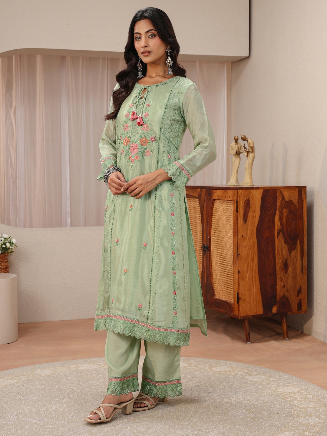  Libas Art Green Floral Embroidered Organza Straight Suit Set 