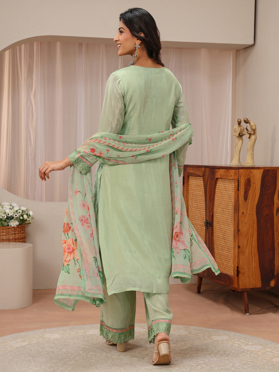  Libas Art Green Floral Embroidered Organza Straight Suit Set 
