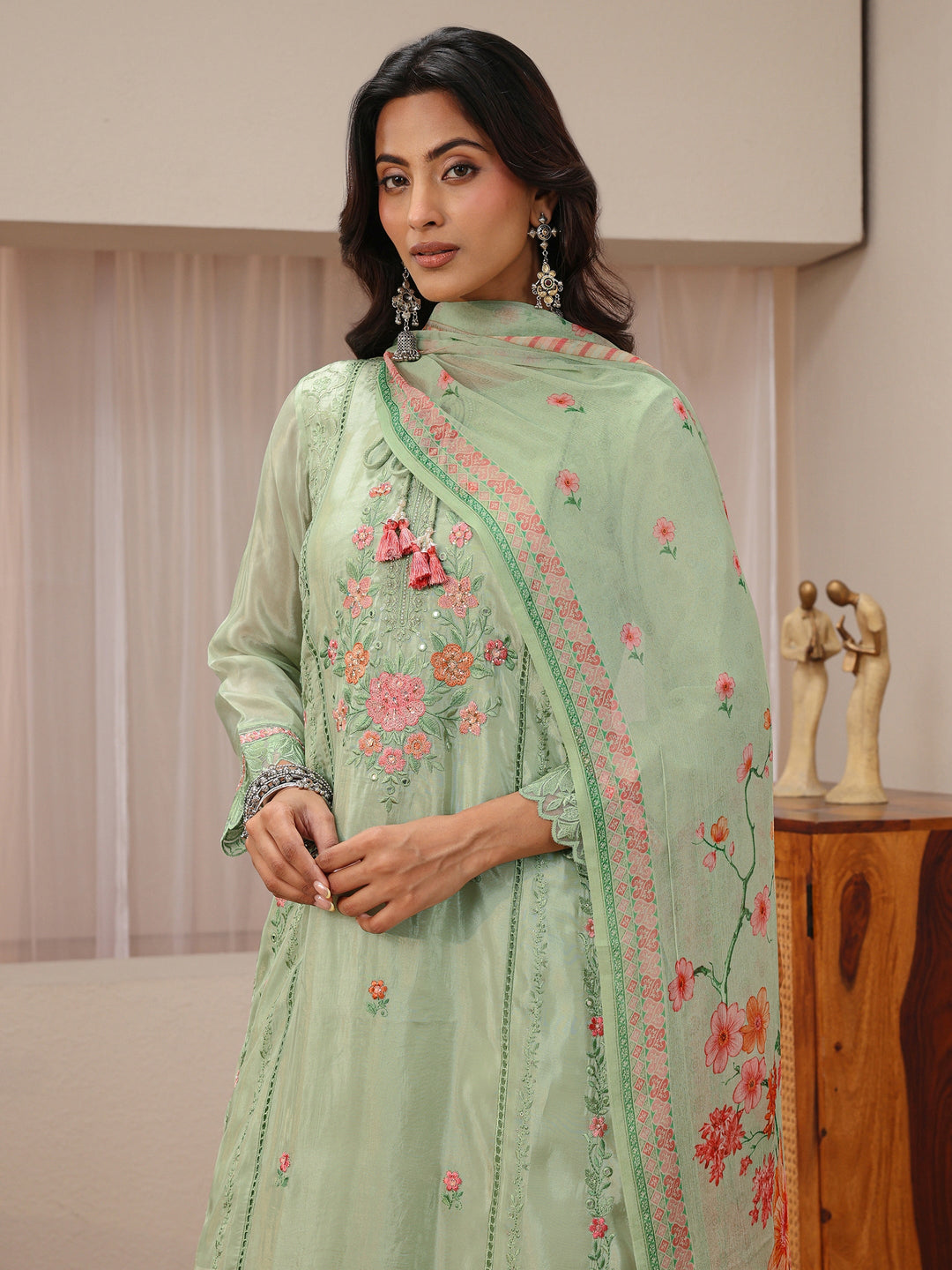  Libas Art Green Floral Embroidered Organza Straight Suit Set 