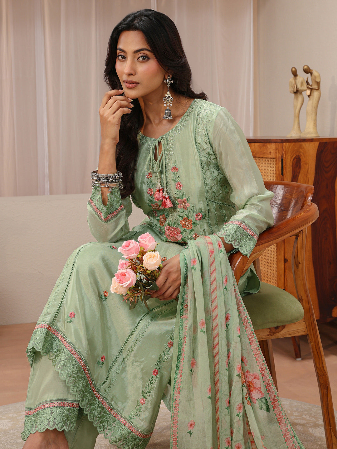  Libas Art Green Floral Embroidered Organza Straight Suit Set 