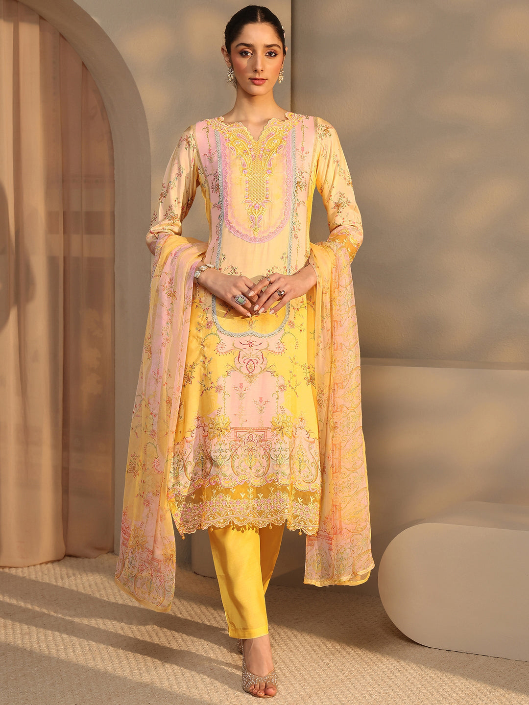  Libas Art Yellow Printed Silk Blend Straight Suit Set With Dupatta 