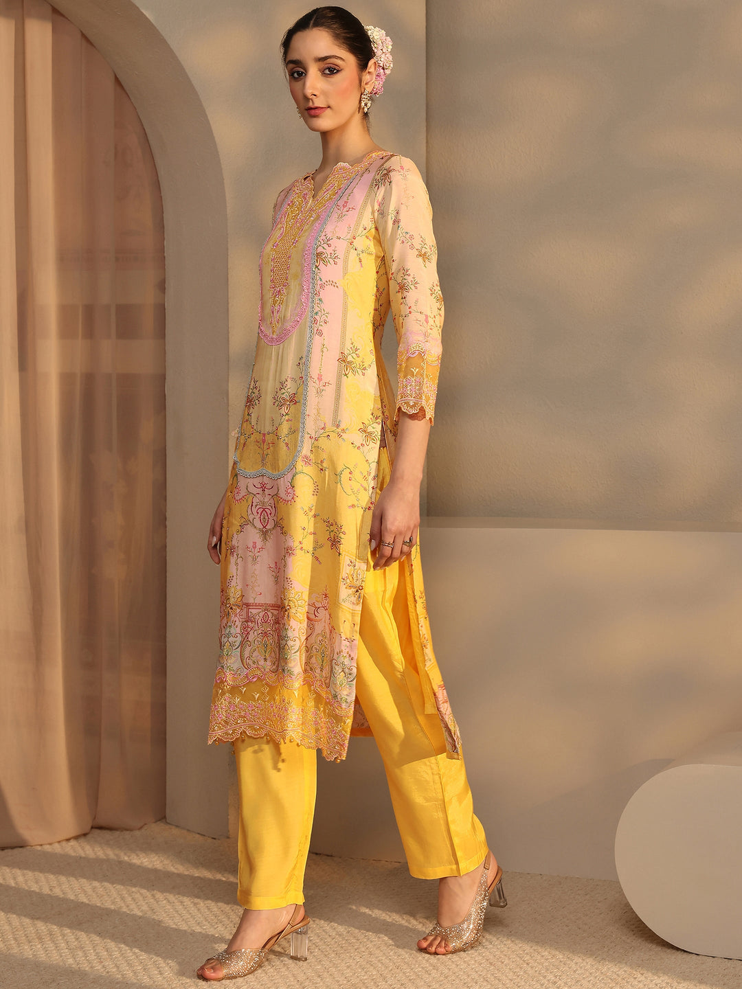  Libas Art Yellow Printed Silk Blend Straight Suit Set With Dupatta 